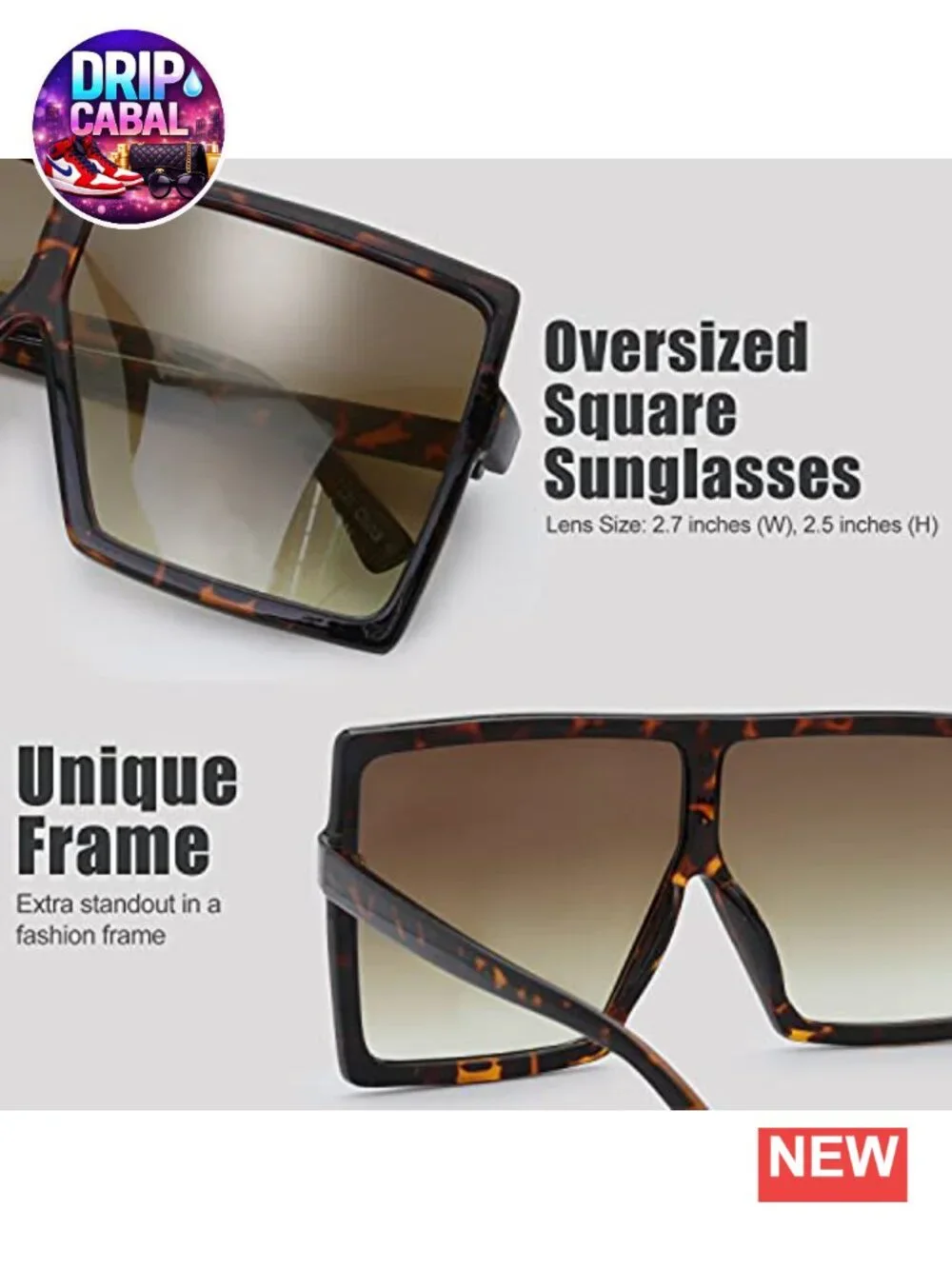 Oversized Square Flat Top Sunglasses UV400 Protection